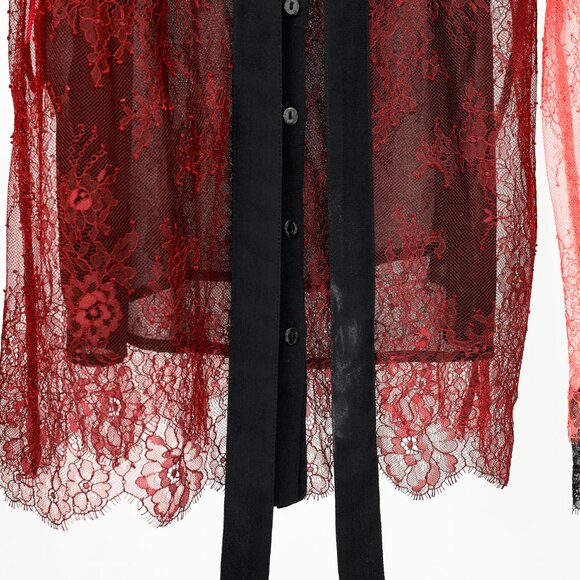 Twinset Burgundy & Pink Lace Ruffle Tie-Neck Blouse - Picture 7 of 10